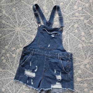 Tinsel Womens Blue Vintage Wash Denim Distressed Overalls Shorttall Shorts